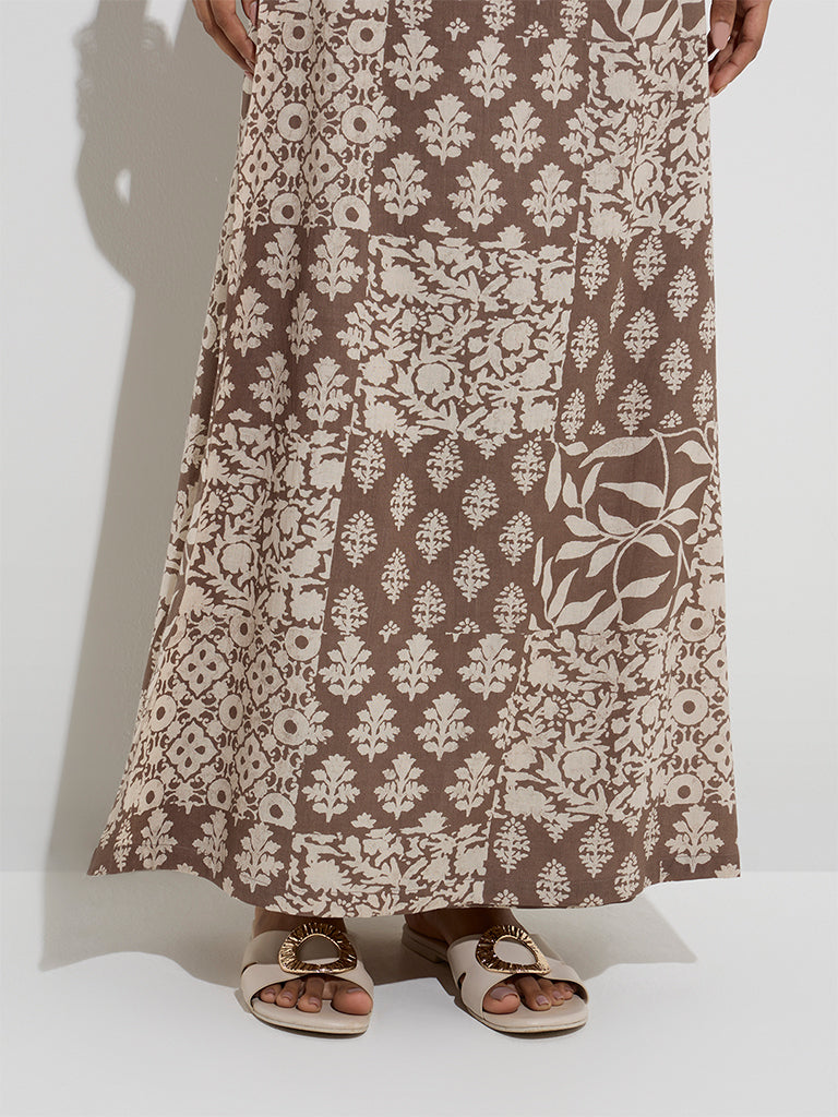 Buy Utsa Taupe Floral Design Wrap-Style Cotton-Blend Skirt from