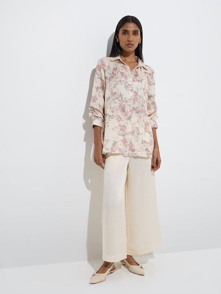 westisde Zuba Women's Beige Solid Palazzos for Work Wear Full Model View