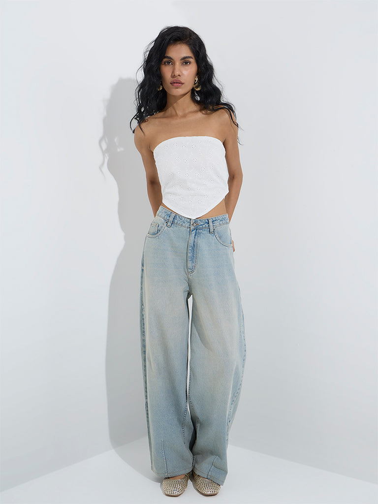 westisde Nuon Women's White Schiffli Detailed Cotton Top for Casual Wear Full Model View