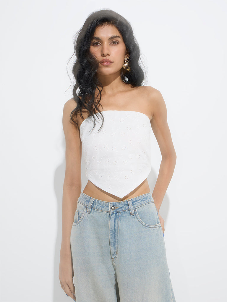 westisde Nuon Women's White Schiffli Detailed Cotton Top for Casual Wear Front View