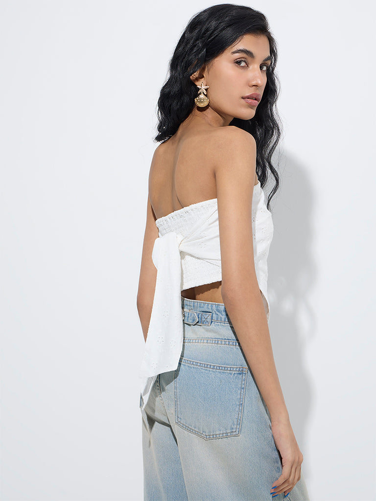 westisde Nuon Women's White Schiffli Detailed Cotton Top for Casual Wear Back View