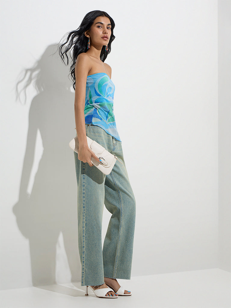 westisde Nuon Women's Blue Abstract Pattern Tube Top for Casual Wear Full Model View