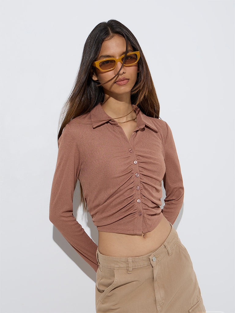Nuon Light Brown Ruched Mesh Top