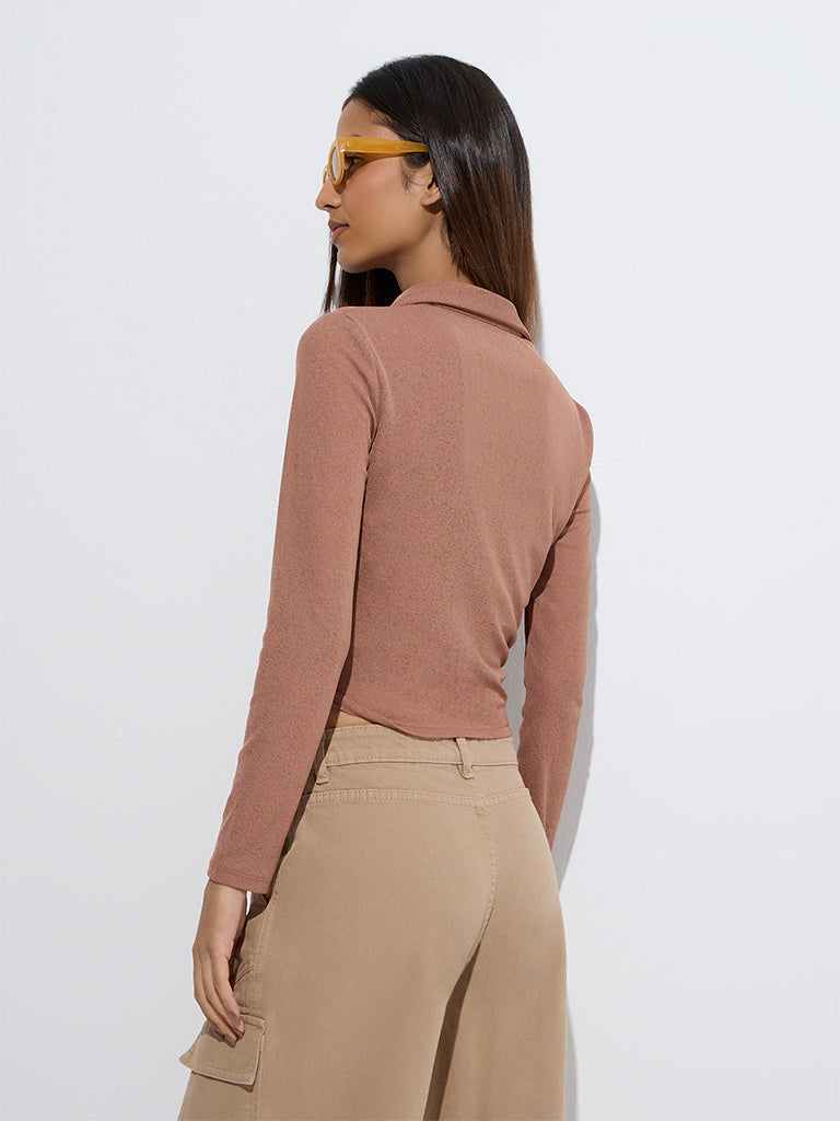 Nuon Light Brown Ruched Mesh Top