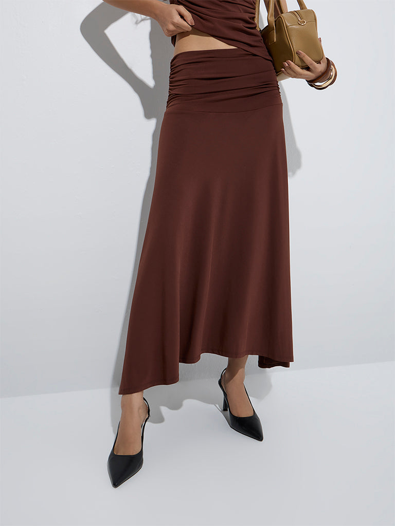 Nuon Brown Ruched High-Rise A-Line Skirt