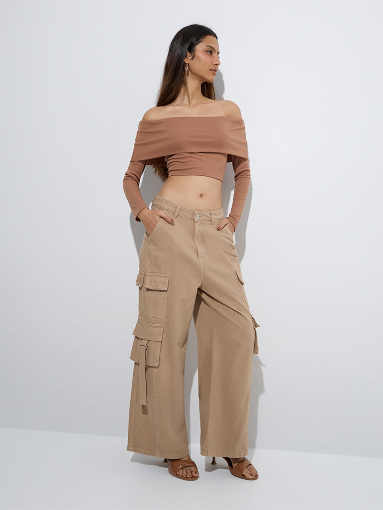 Nuon Light Brown Ribbed Off-Shoulder Top