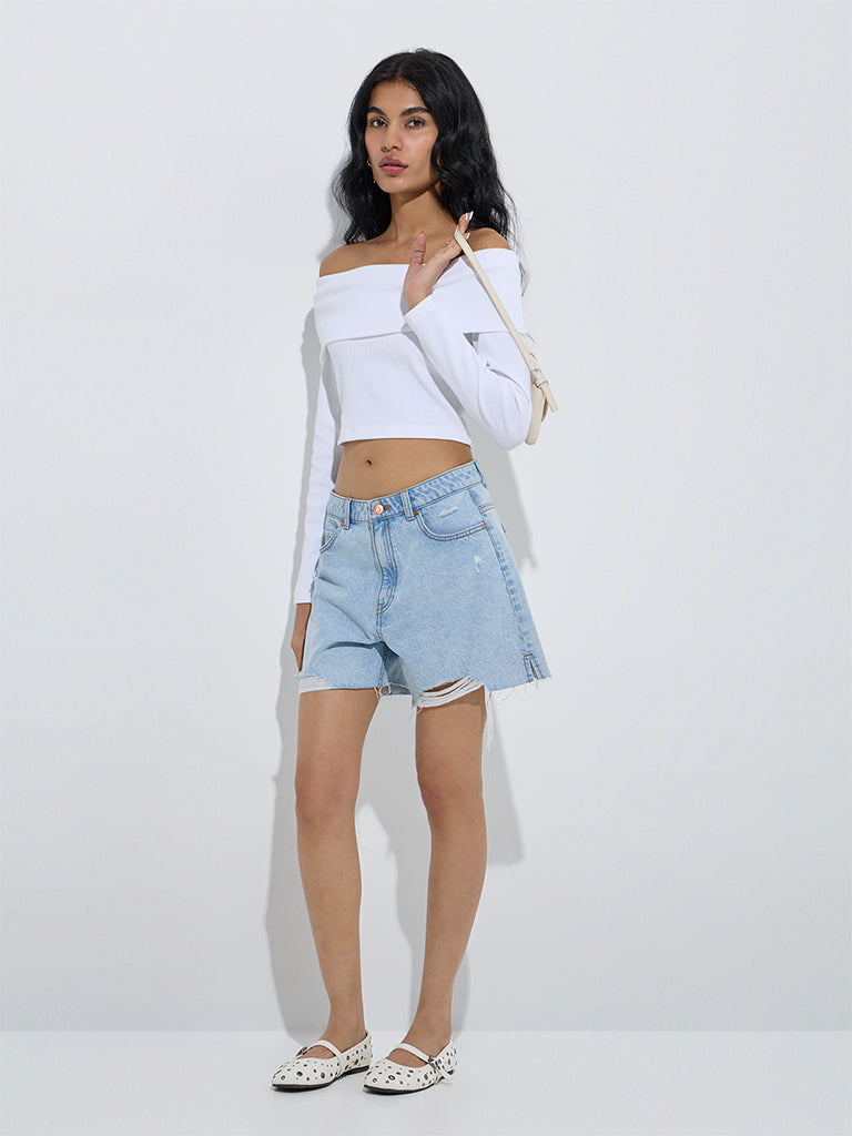 westisde Nuon Women's White Ribbed-Textured Cotton-Blend Off-Shoulder Top for Casual Wear Full Model View