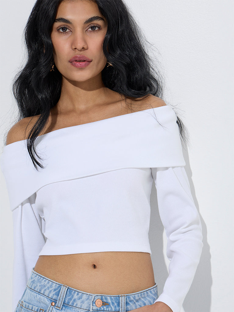 westisde Nuon Women's White Ribbed-Textured Cotton-Blend Off-Shoulder Top for Casual Wear Zoom View