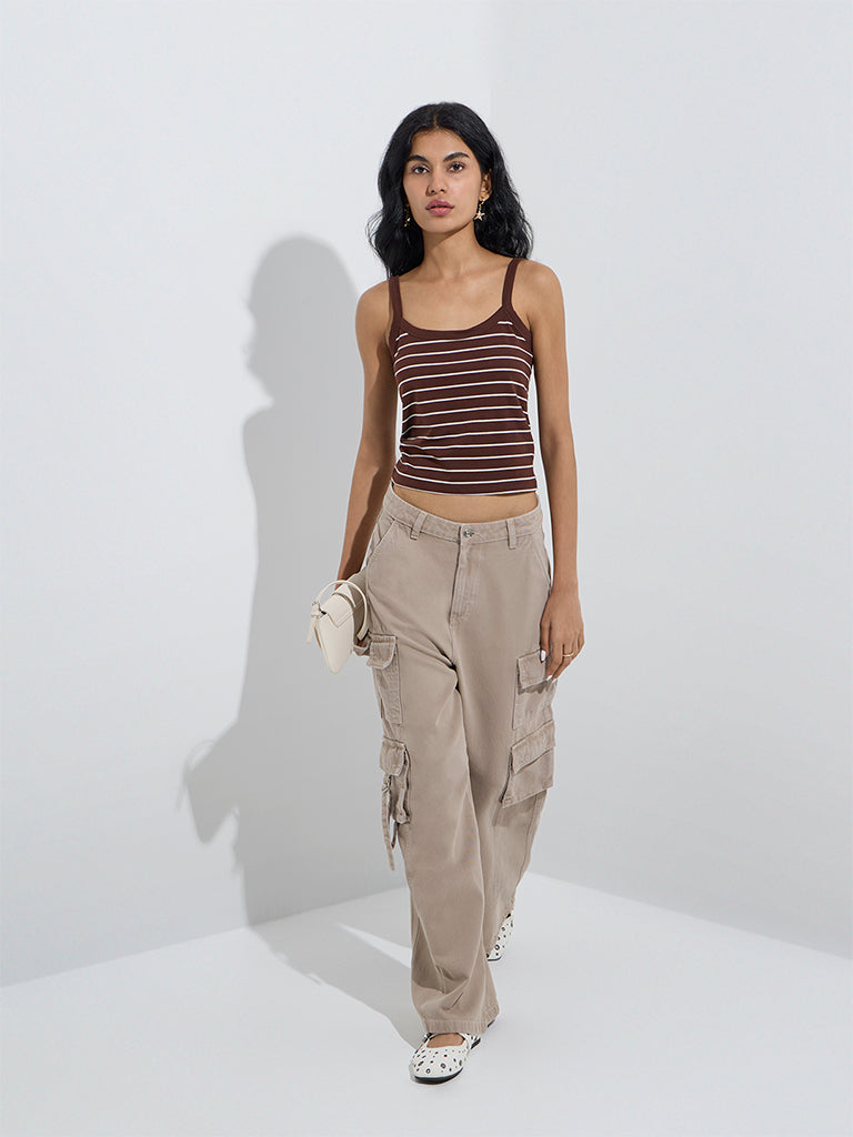 westisde Nuon Women's Brown Striped Cotton Top for Casual Wear Full Model View