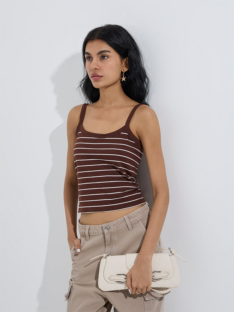 westisde Nuon Women's Brown Striped Cotton Top for Casual Wear Front View