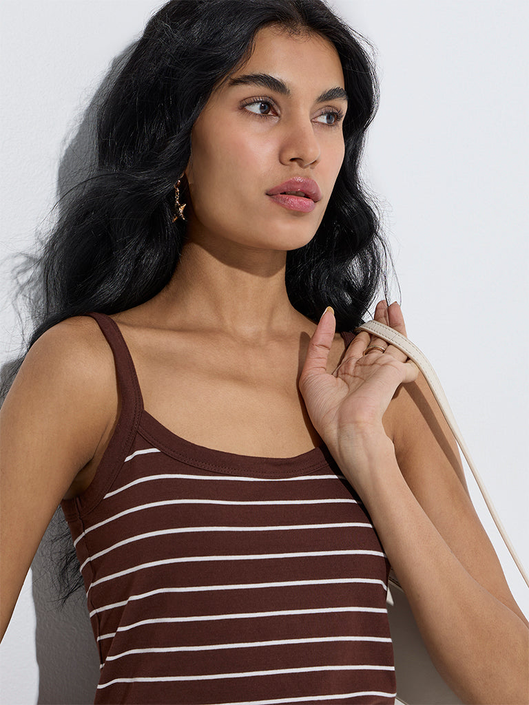 westisde Nuon Women's Brown Striped Cotton Top for Casual Wear Zoom View