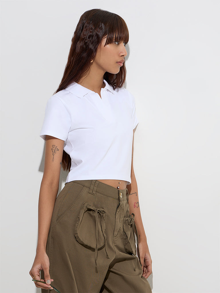 Nuon White Cotton-Blend Polo T-Shirt