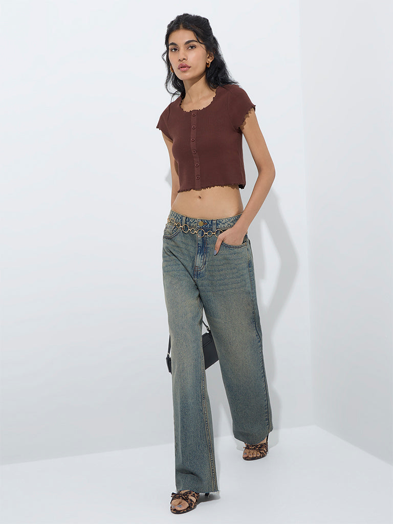 westisde Nuon Women's Dark Brown Ribbed Cotton-Blend Top for Casual Wear Full Model View