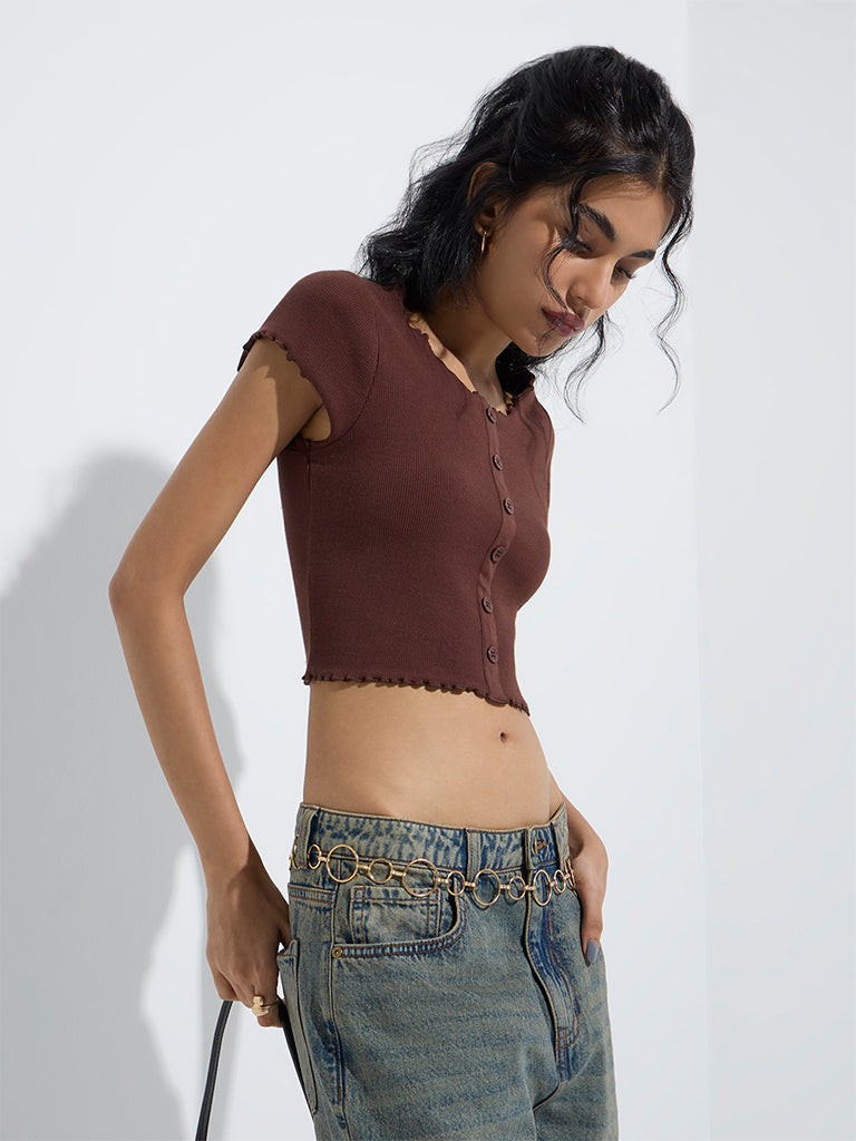 westisde Nuon Women's Dark Brown Ribbed Cotton-Blend Top for Casual Wear Front View