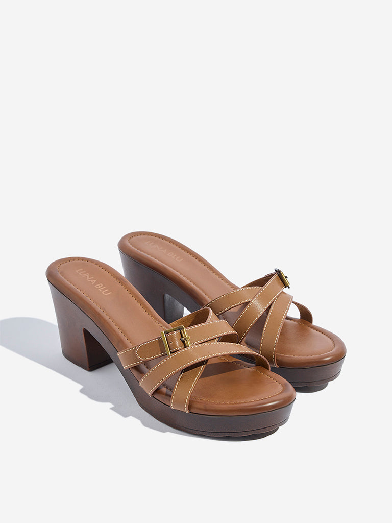 Westside LUNA BLU Women's Tan Multi-Strap Block Sandals Front View