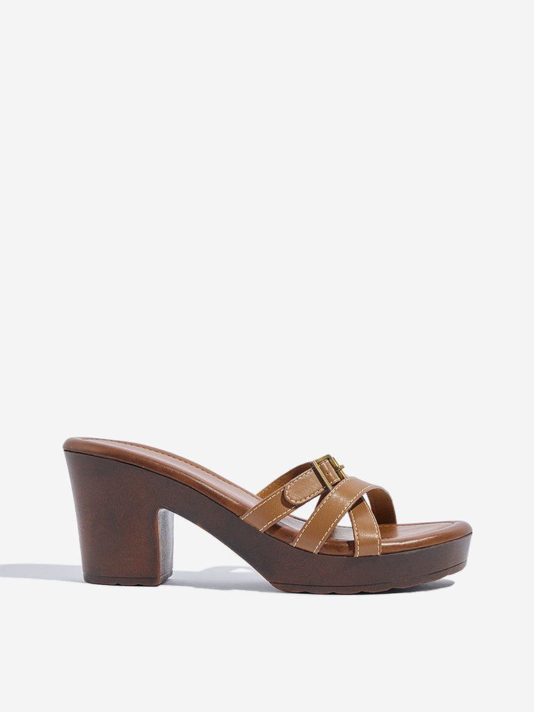 Westside LUNA BLU Women's Tan Multi-Strap Block Sandals Side View