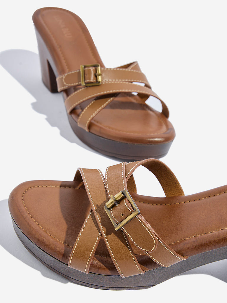 Westside LUNA BLU Women's Tan Multi-Strap Block Sandals Zoomed View