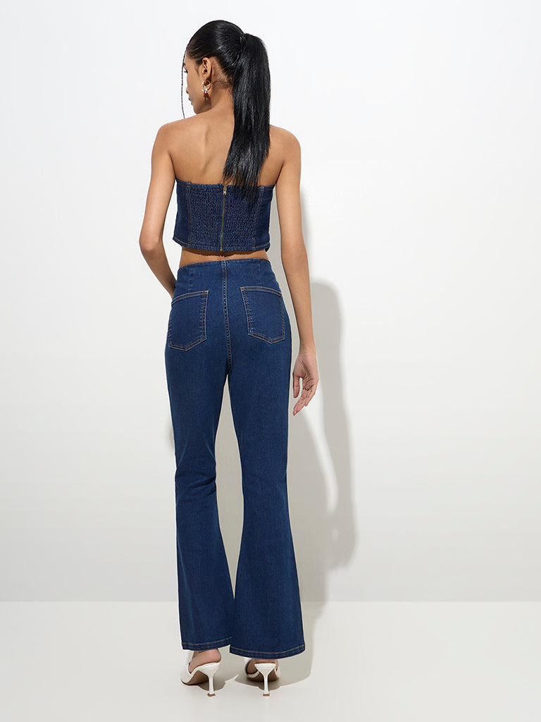 westisde Nuon Women's Dark Blue Bootcut Fit High-Rise Jeans for Casual Wear Back View