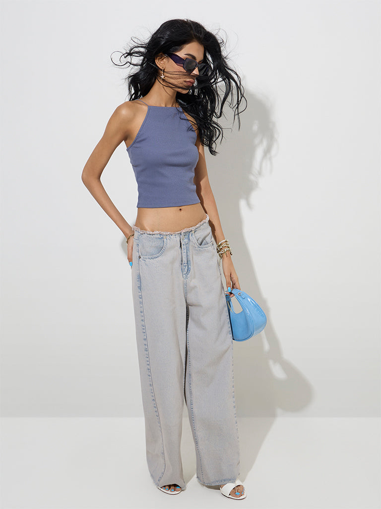 Nuon Dusty Blue Ribbed-Textured Cotton-Blend Top