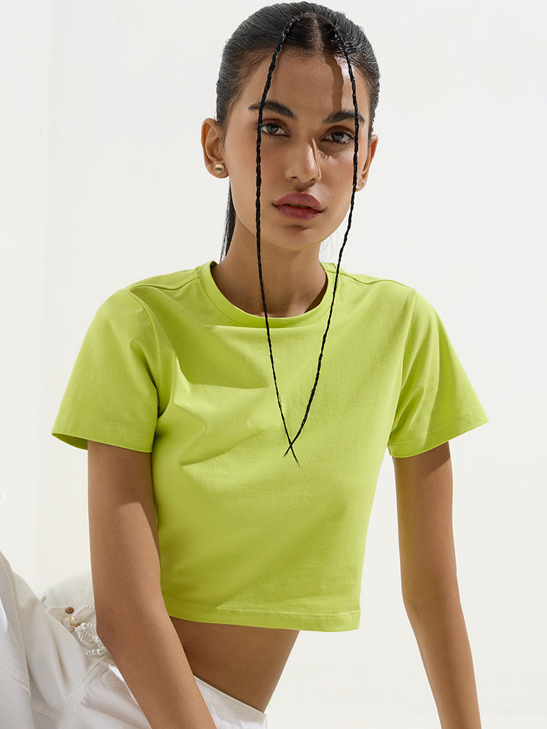 Nuon Lime Solid Cotton-Blend T-Shirt