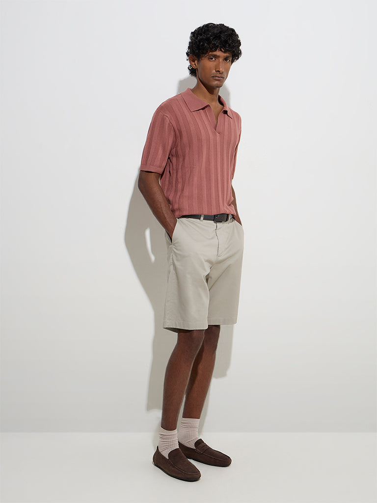 Ascot Dusty Pink Self-Striped Relaxed-Fit Polo T-Shirt