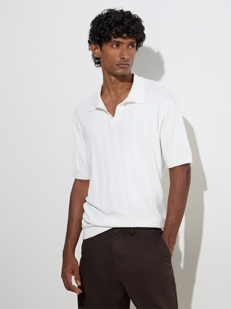Ascot White Self-Striped Relaxed-Fit Polo T-Shirt