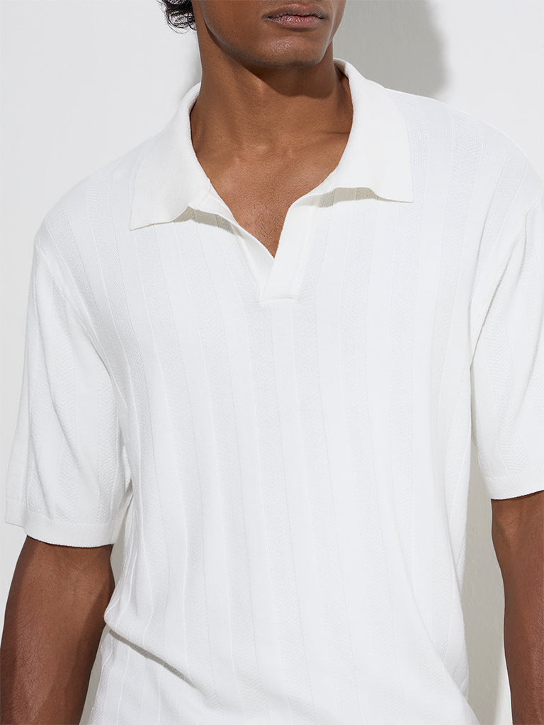 Ascot White Self-Striped Relaxed-Fit Polo T-Shirt
