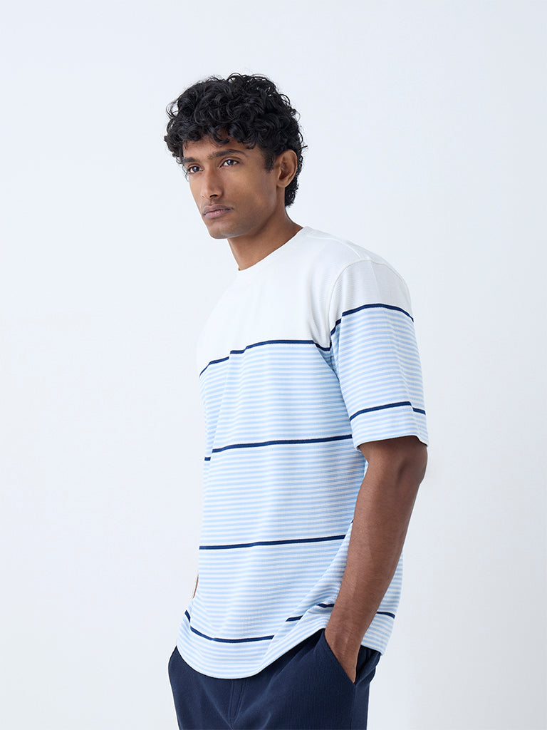 Westside WES Lounge Men's Blue Striped Relaxed-Fit Cotton-Blend T-Shirt for Casual Wear Full View