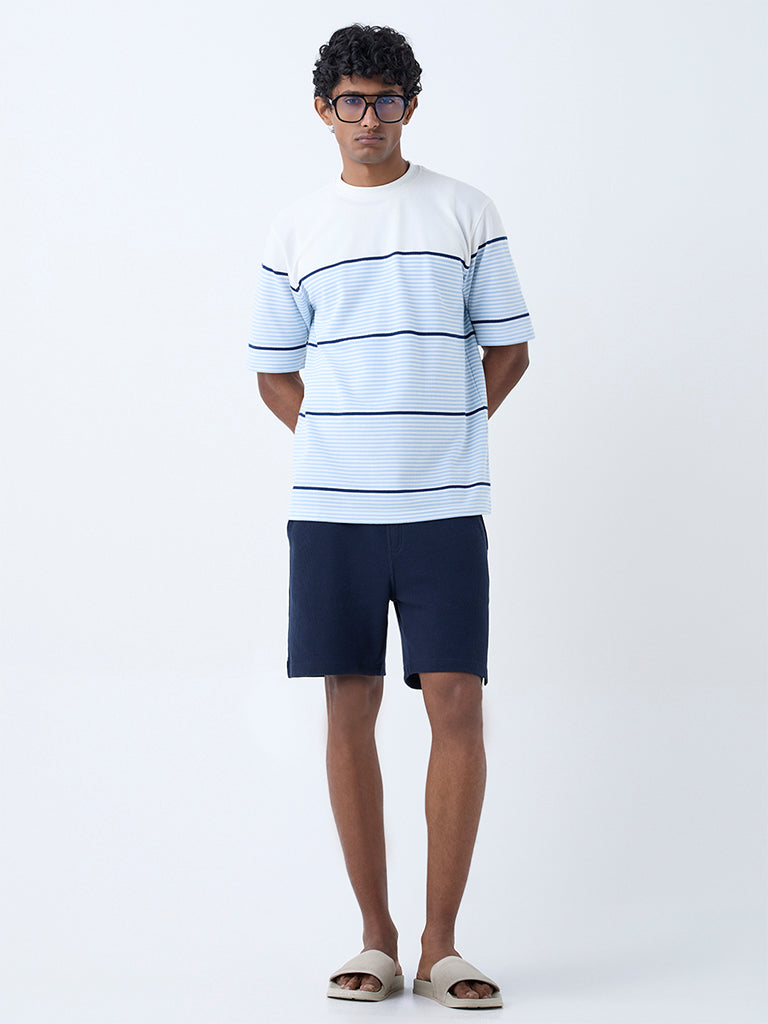 Westside WES Lounge Men's Blue Striped Relaxed-Fit Cotton-Blend T-Shirt for Casual Wear Front View