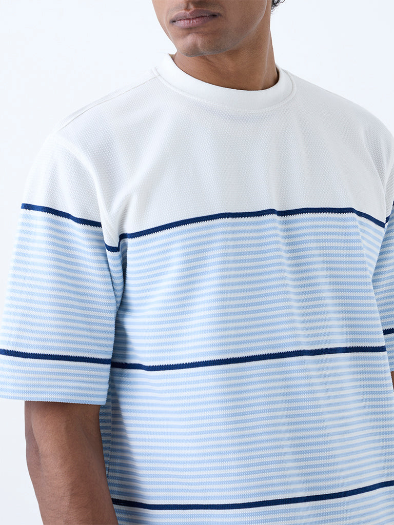 Westside WES Lounge Men's Blue Striped Relaxed-Fit Cotton-Blend T-Shirt for Casual Wear Zoomed View