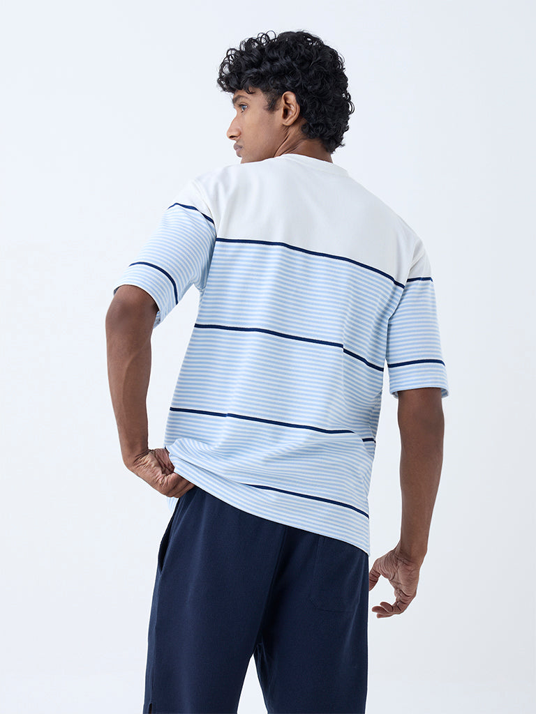 Westside WES Lounge Men's Blue Striped Relaxed-Fit Cotton-Blend T-Shirt for Casual Wear Back View