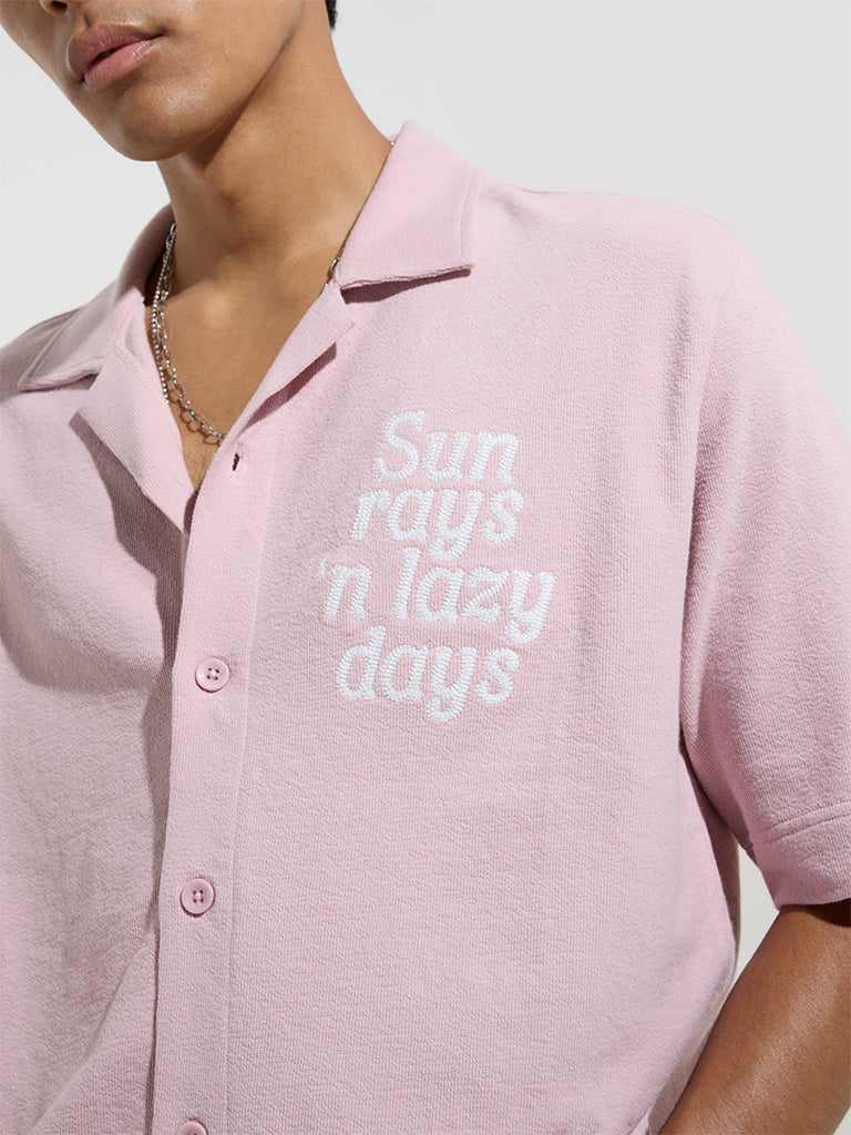 Westside Nuon Men's Pink Text Patterned Relaxed-Fit Cotton Shirt for Casual Wear Zoom View