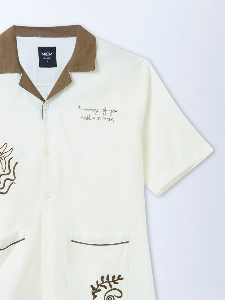 Nuon White Embroidered Relaxed-Fit Shirt