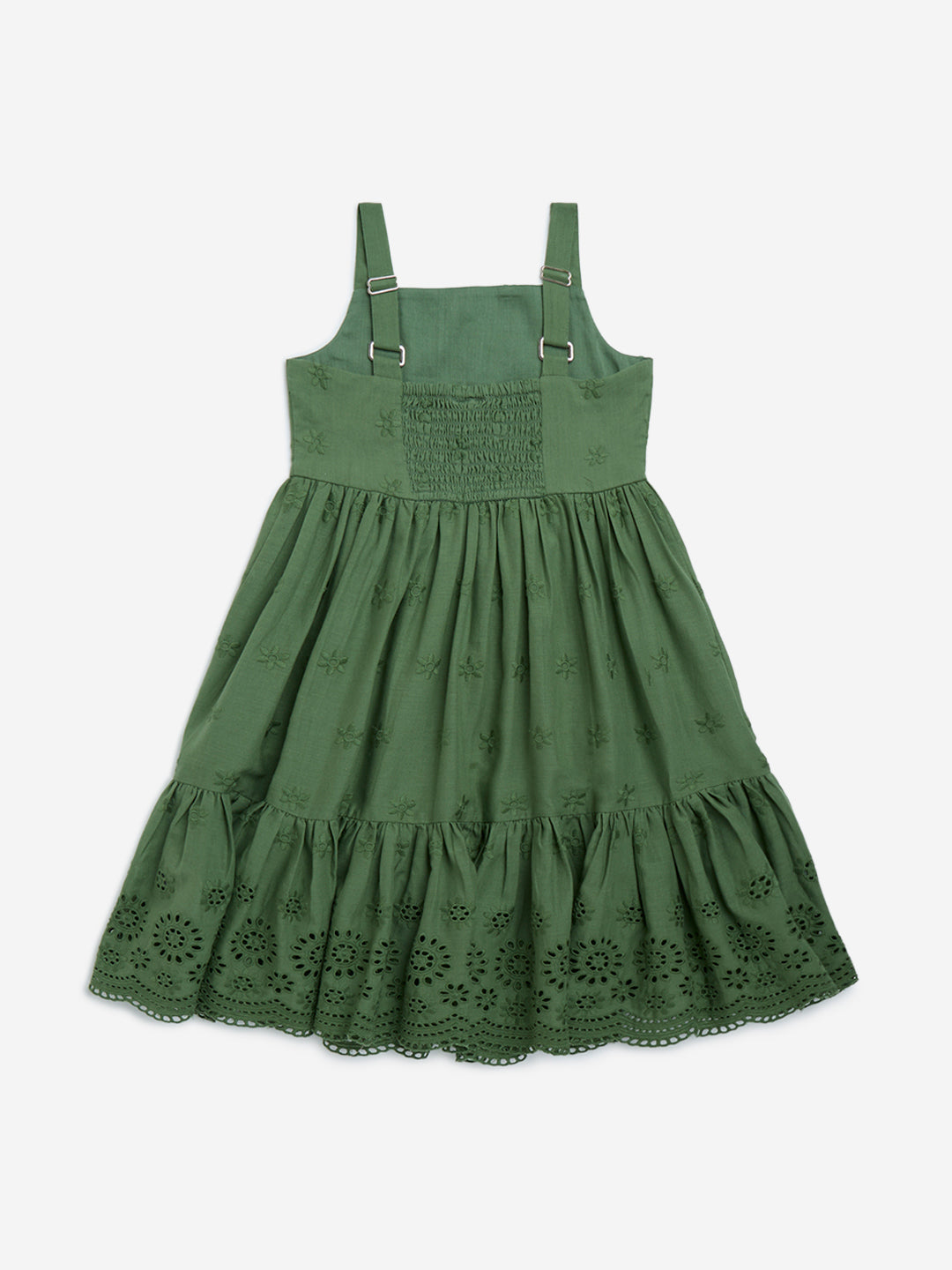 Westside Utsa Kids Girls' Olive Schiffli Detailed Tiered Cotton Dress - (2-8yrs) for Ethnic Wear Back View