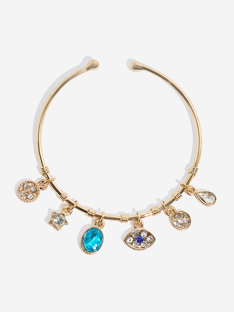 Westside Accessories Gold & Blue Charms-Detailed Open Cuff Bracelet