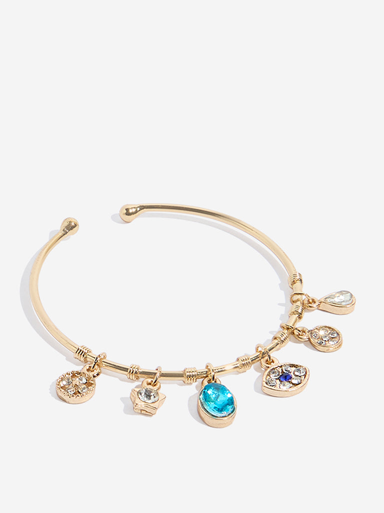 Westside Accessories Gold & Blue Charms-Detailed Open Cuff Bracelet