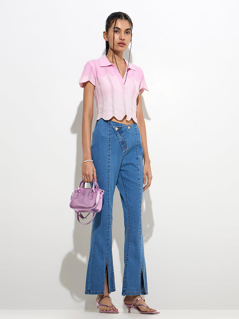 Nuon Pink Knit-Textured Cotton Top