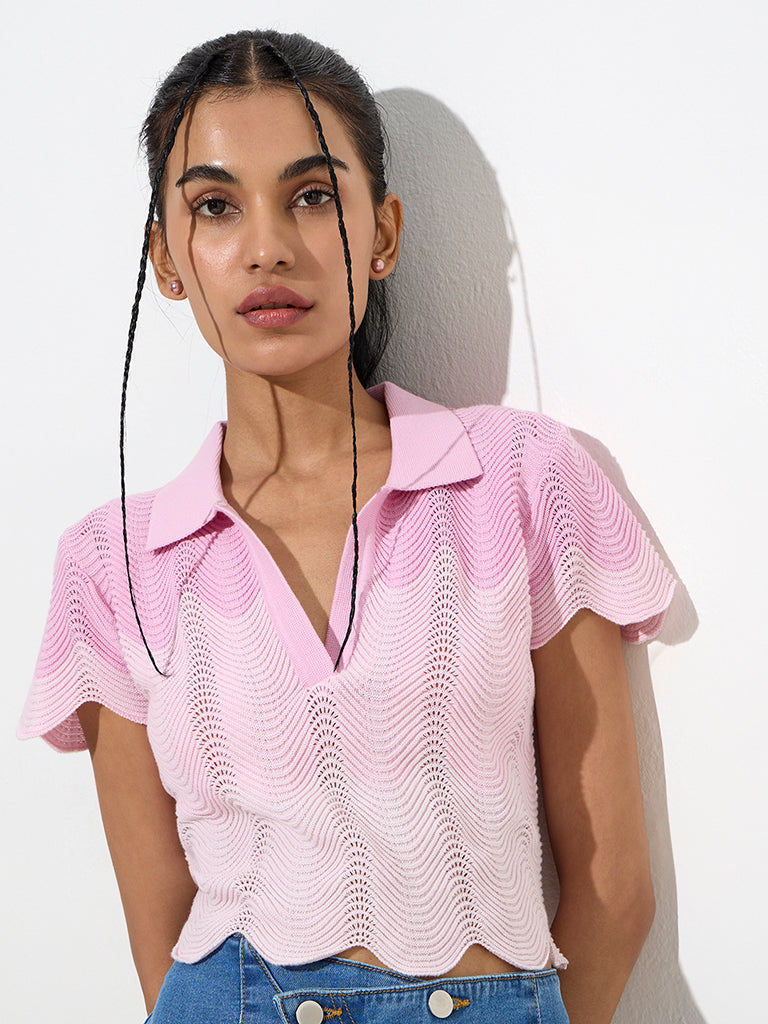 Nuon Pink Knit-Textured Cotton Top