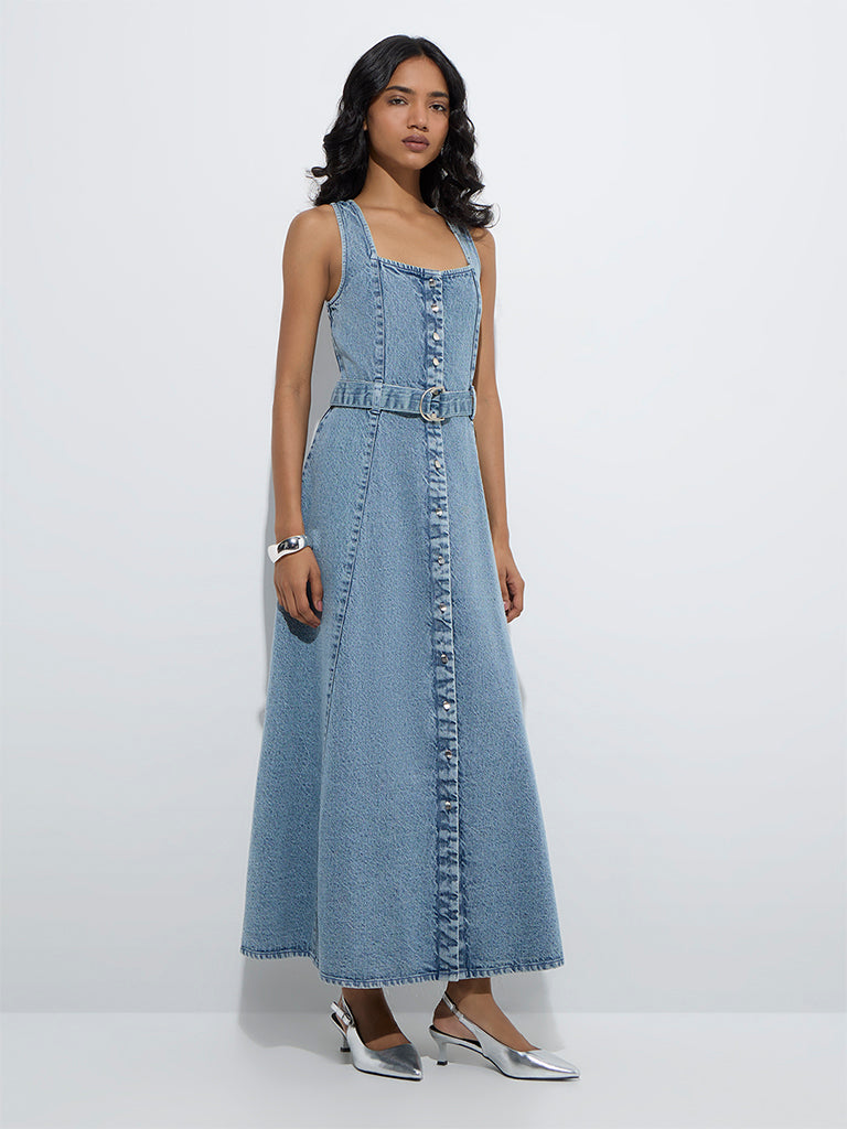 Westside LOV Women's Blue Faded Denim A-Line Dress with Belt for Casual Wear Front View