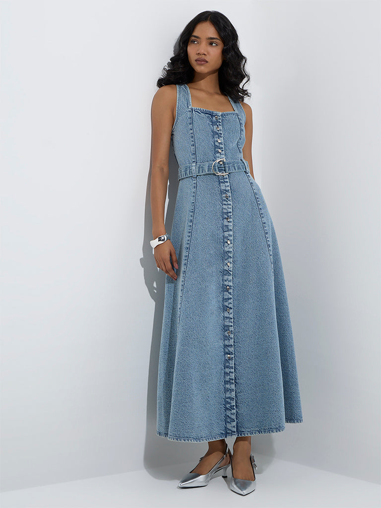Westside LOV Women's Blue Faded Denim A-Line Dress with Belt for Casual Wear Full Model View