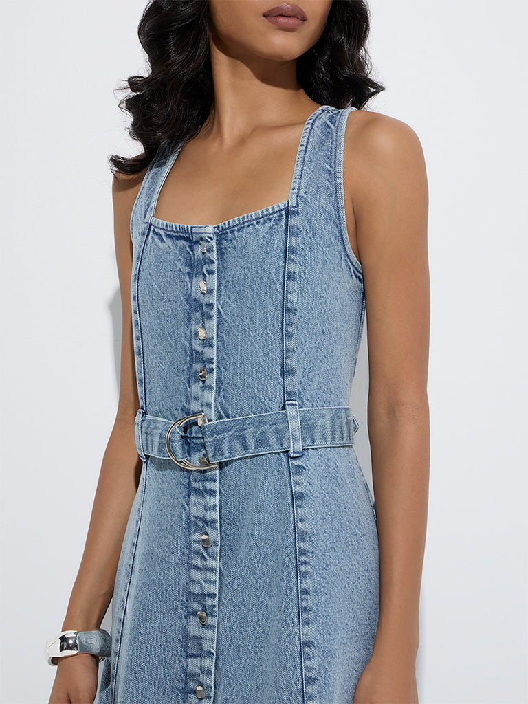 Westside LOV Women's Blue Faded Denim A-Line Dress with Belt for Casual Wear Zoom View