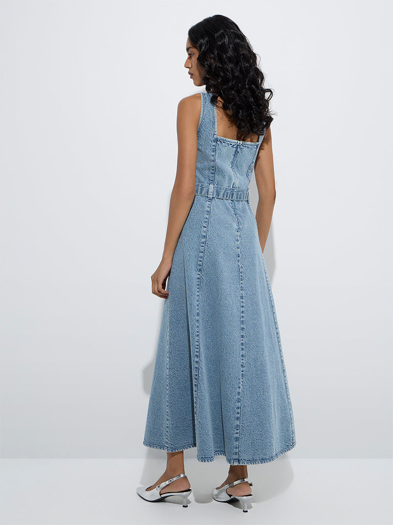 Westside LOV Women's Blue Faded Denim A-Line Dress with Belt for Casual Wear Back View