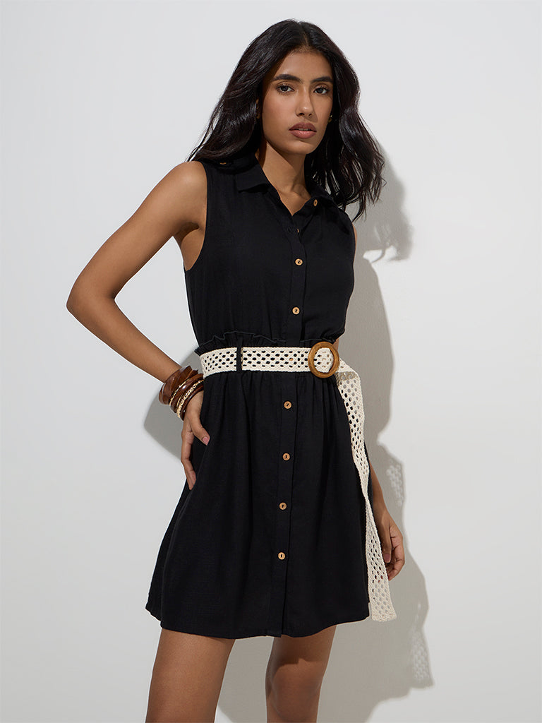 westisde LOV Women's Black Shirt Dress with Belt for Casual Wear Front View
