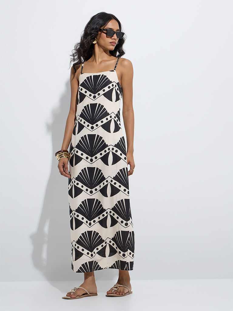 LOV Beige Seashell Printed Straight Cotton-Blend Dress