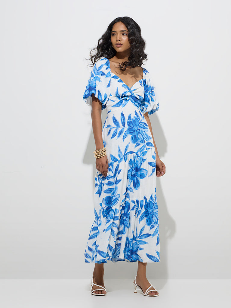LOV Blue Botanical Design Tiered Dress - Main Image