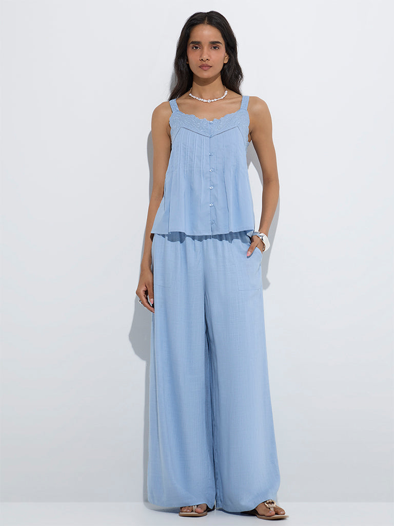 westisde LOV Women's Light Blue Mid-Rise Pants for Casual Wear Full Model View