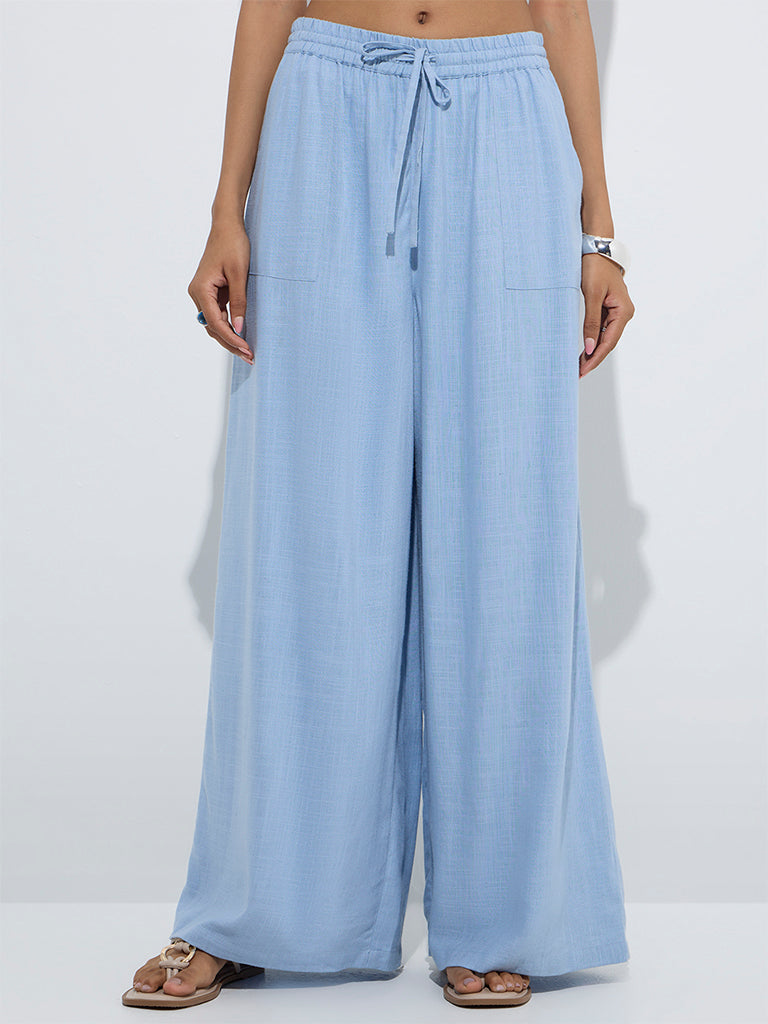 westisde LOV Women's Light Blue Mid-Rise Pants for Casual Wear Front View