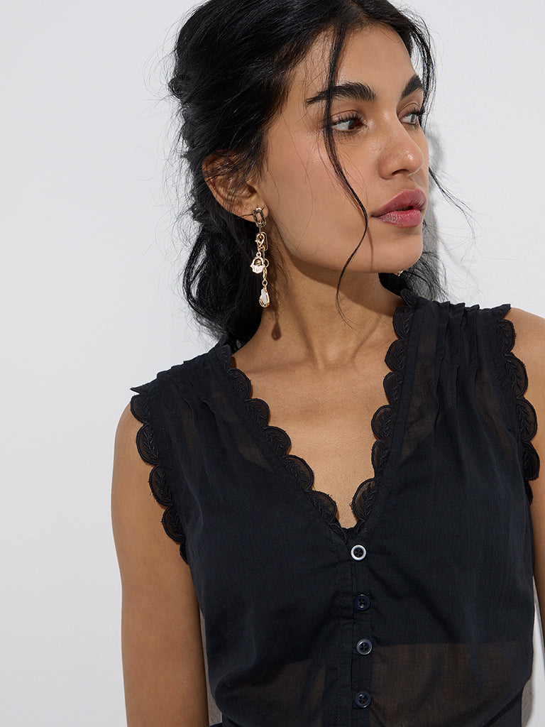 Bombay Paisley Black Scallop Detailed Cotton Top