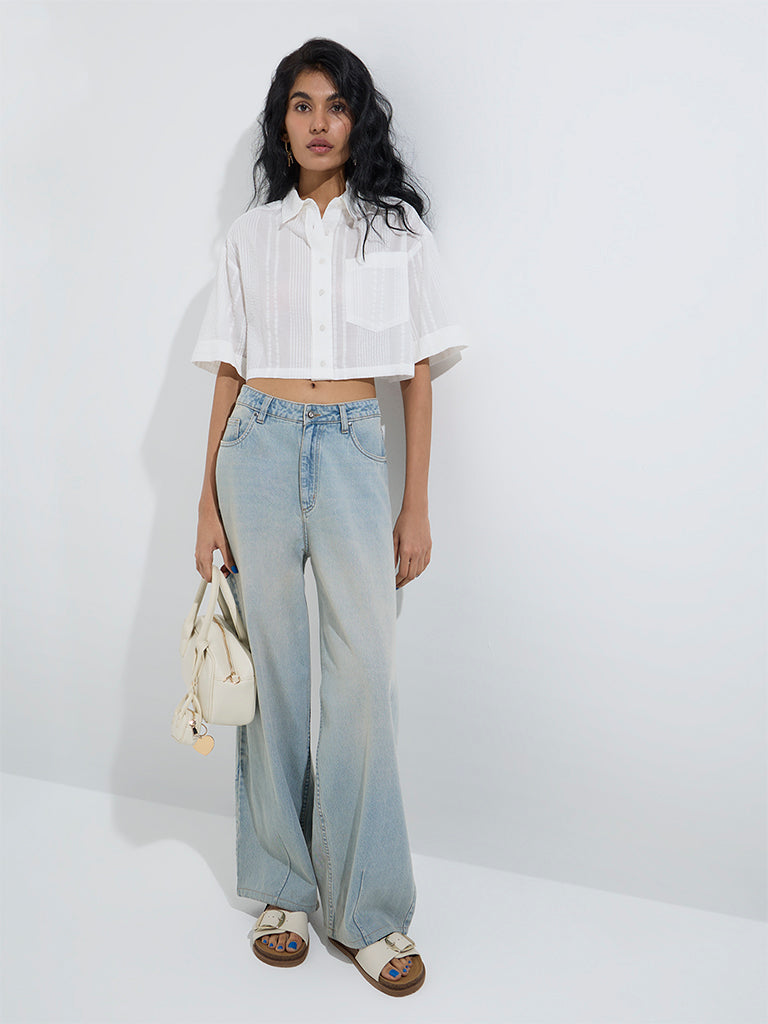 westisde Nuon Women's White Seersucker Cotton Shirt for Casual Wear Full Model View