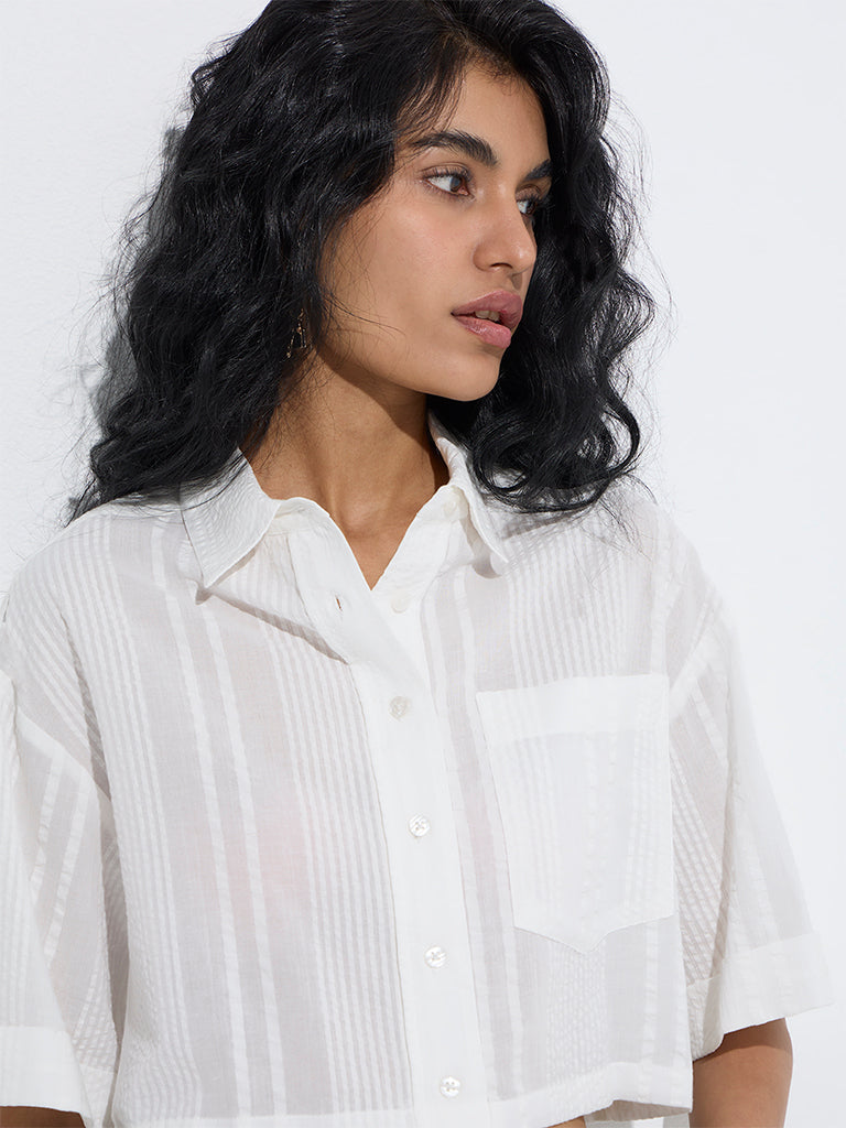 westisde Nuon Women's White Seersucker Cotton Shirt for Casual Wear Zoom View